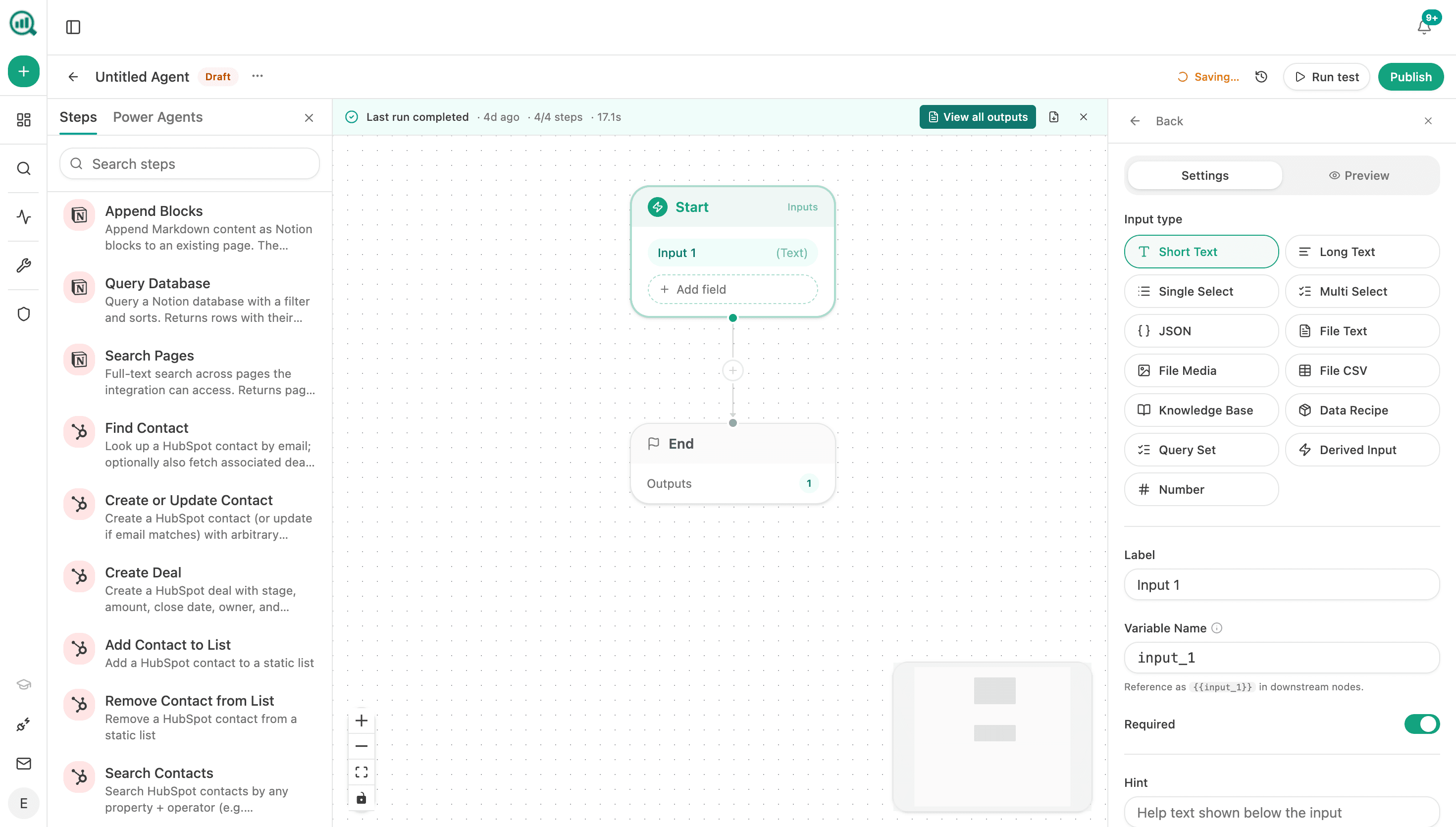 The agent builder: a canvas with Start and End nodes, a searchable steps library including Notion and HubSpot actions, and an input configuration panel with types like short text, JSON, knowledge base, data recipe, and query set