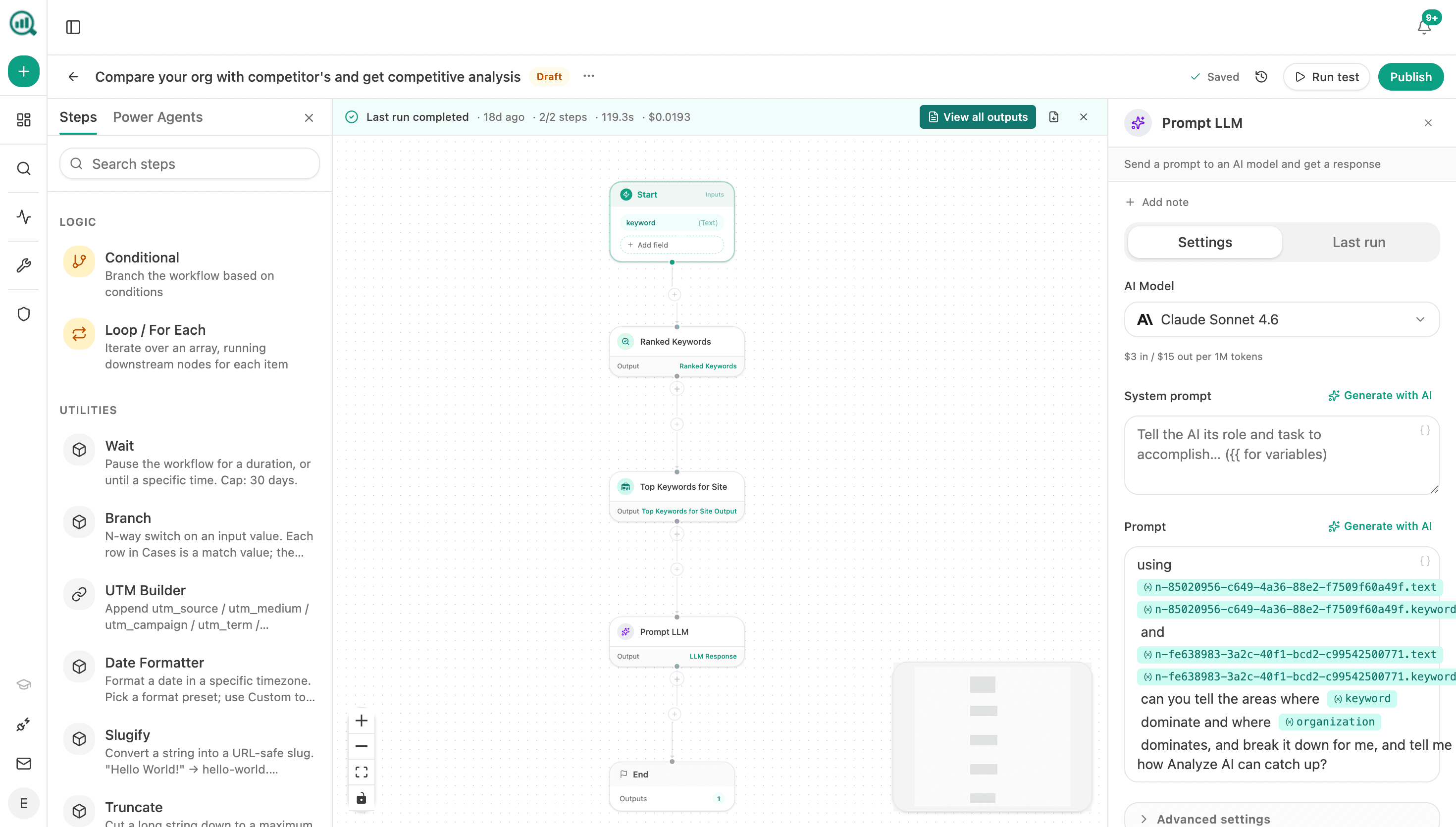 An agent under construction: keyword input flowing through Ranked Keywords and Top Keywords for Site recipes into a Prompt LLM step, whose settings panel shows a model picker with pricing, a system prompt, and a prompt with interpolated upstream variables