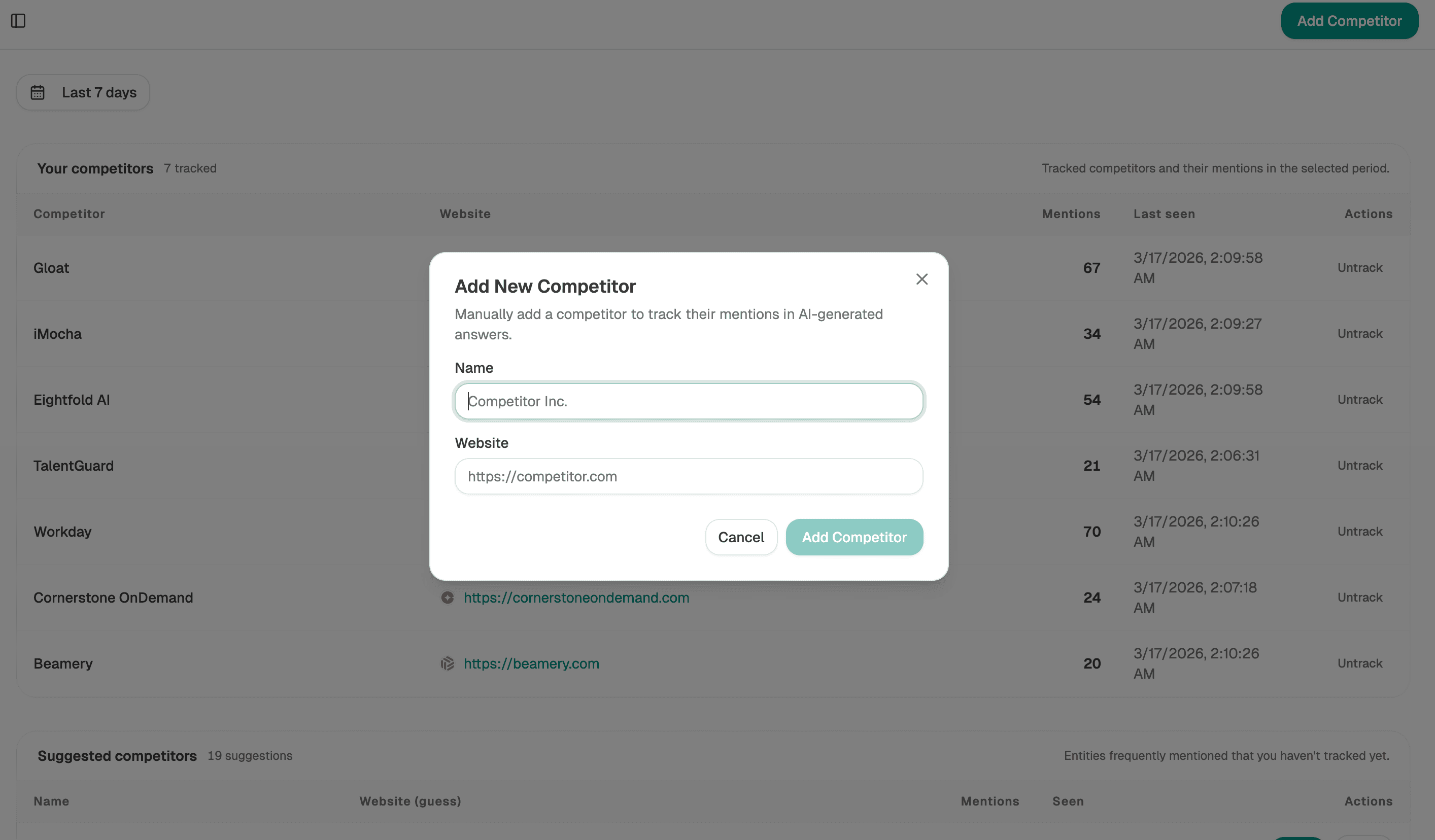 The Add New Competitor modal with name and website fields