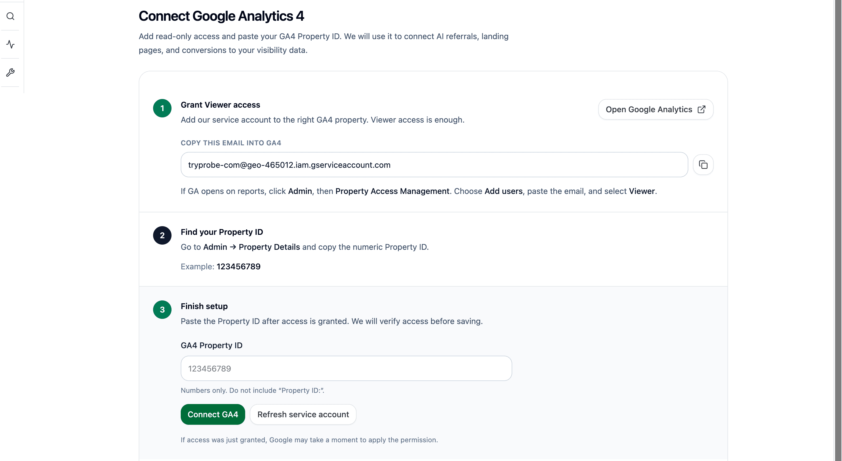 The Connect Google Analytics 4 screen: step one shows the service-account email to add as Viewer in GA4, step two explains where to find the Property ID, step three verifies access and saves