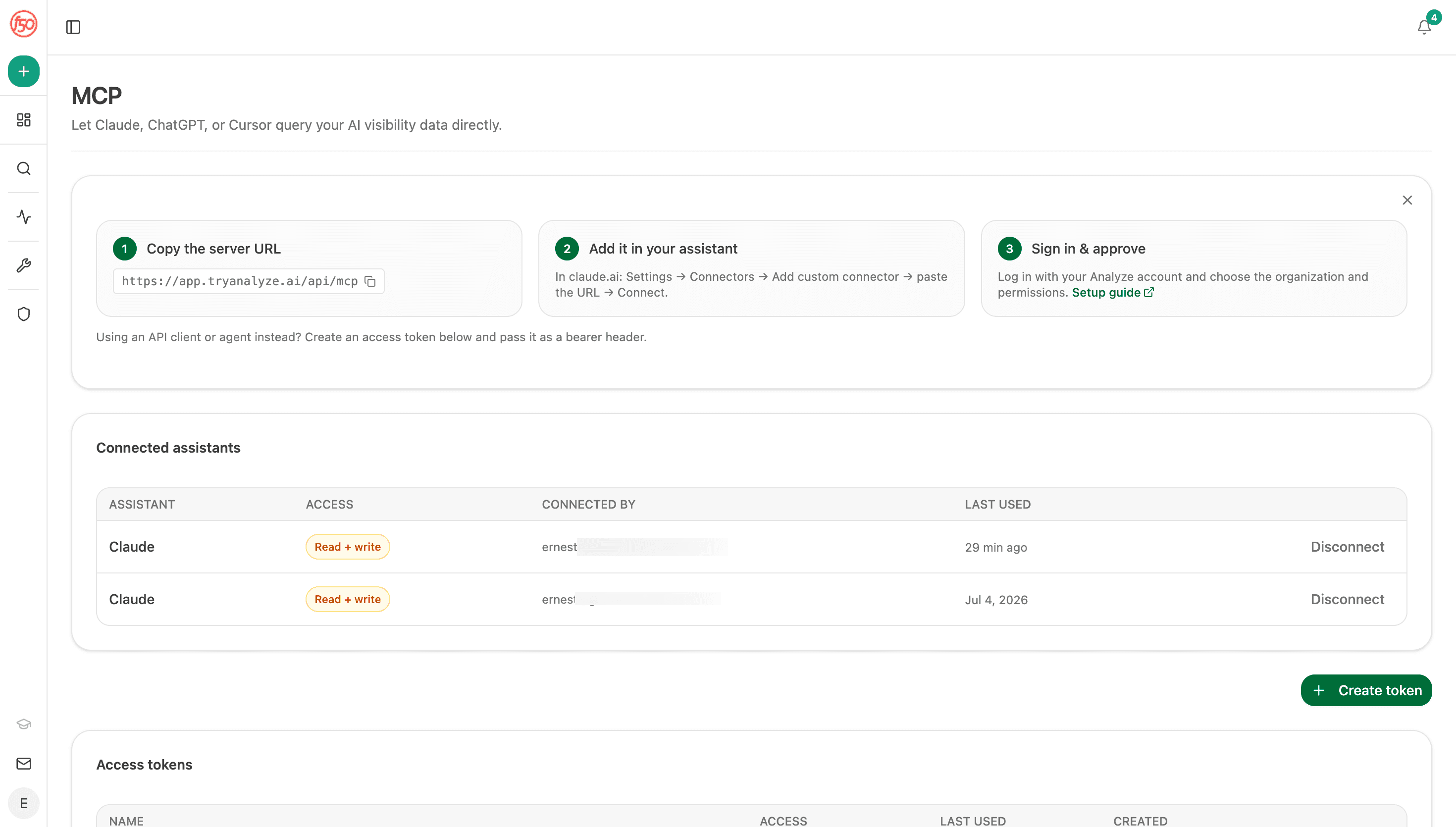 The MCP page in Analyze AI settings: a three-step connect card (copy the server URL, add it in your assistant, sign in and approve), a connected-assistants table with access levels, and access tokens