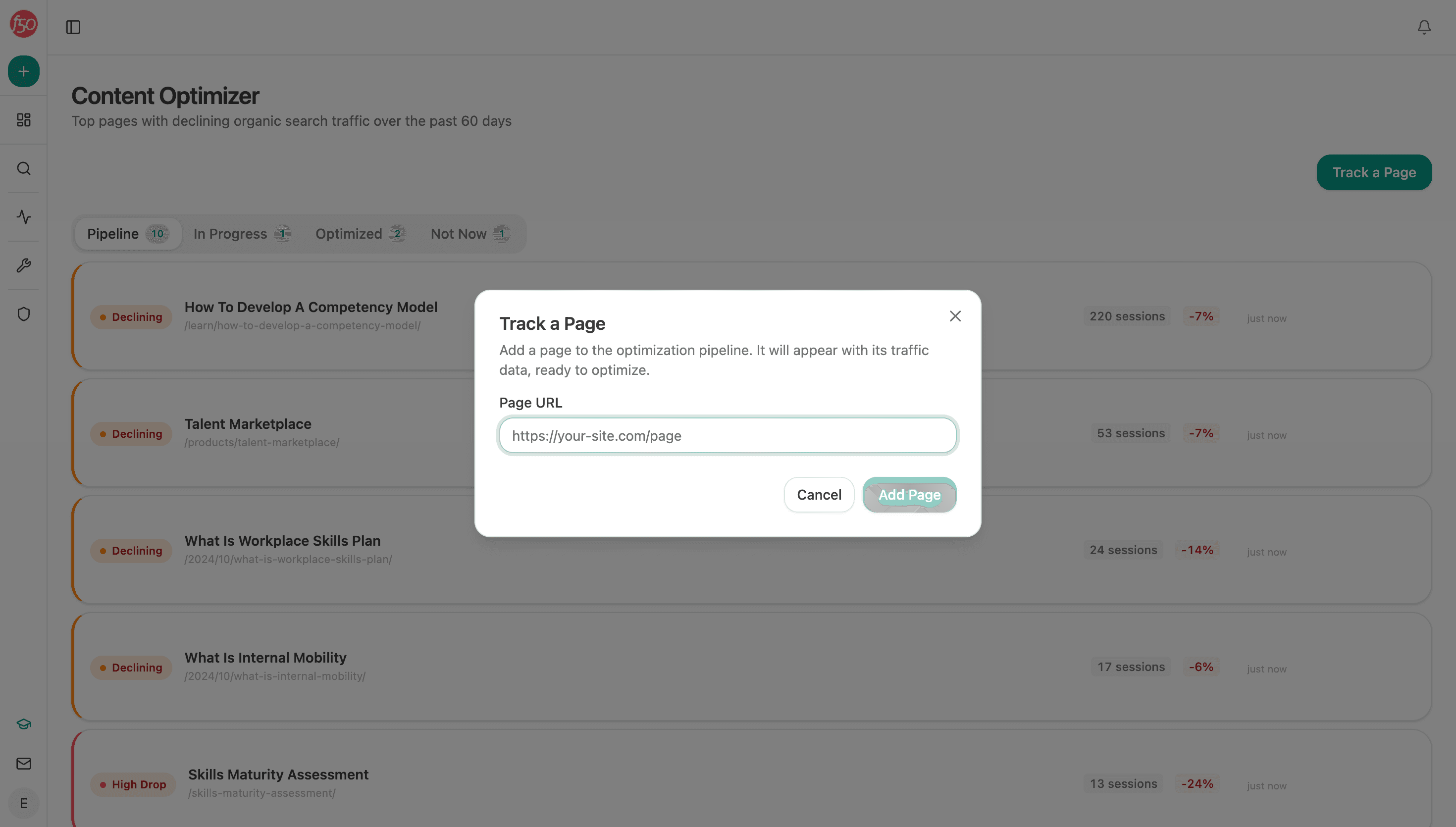 The Track a Page modal: paste any page URL to add it to the optimization pipeline with its traffic data