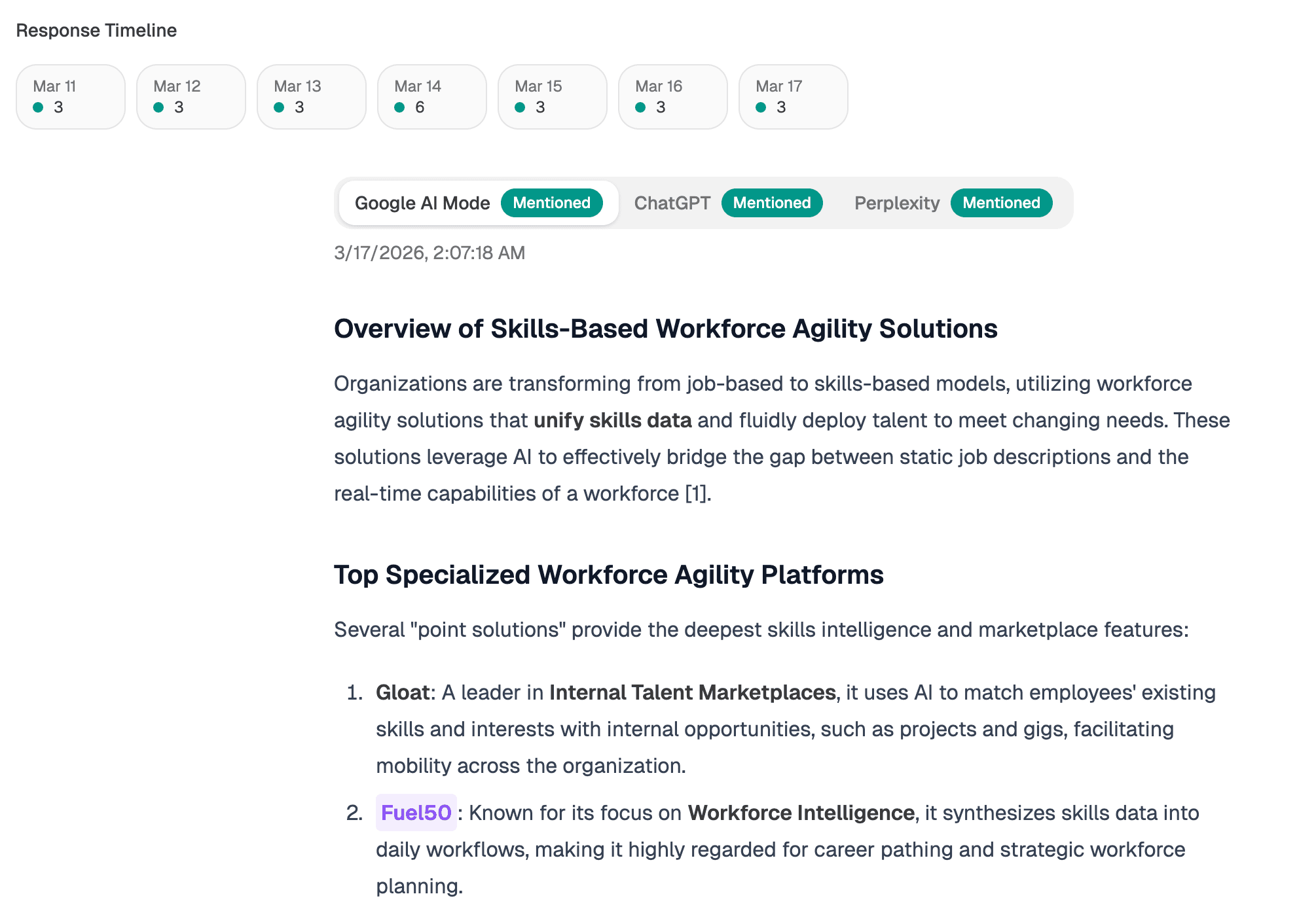 A prompt's response view: a per-day response timeline, per-engine Mentioned badges, and the full AI answer with the brand highlighted