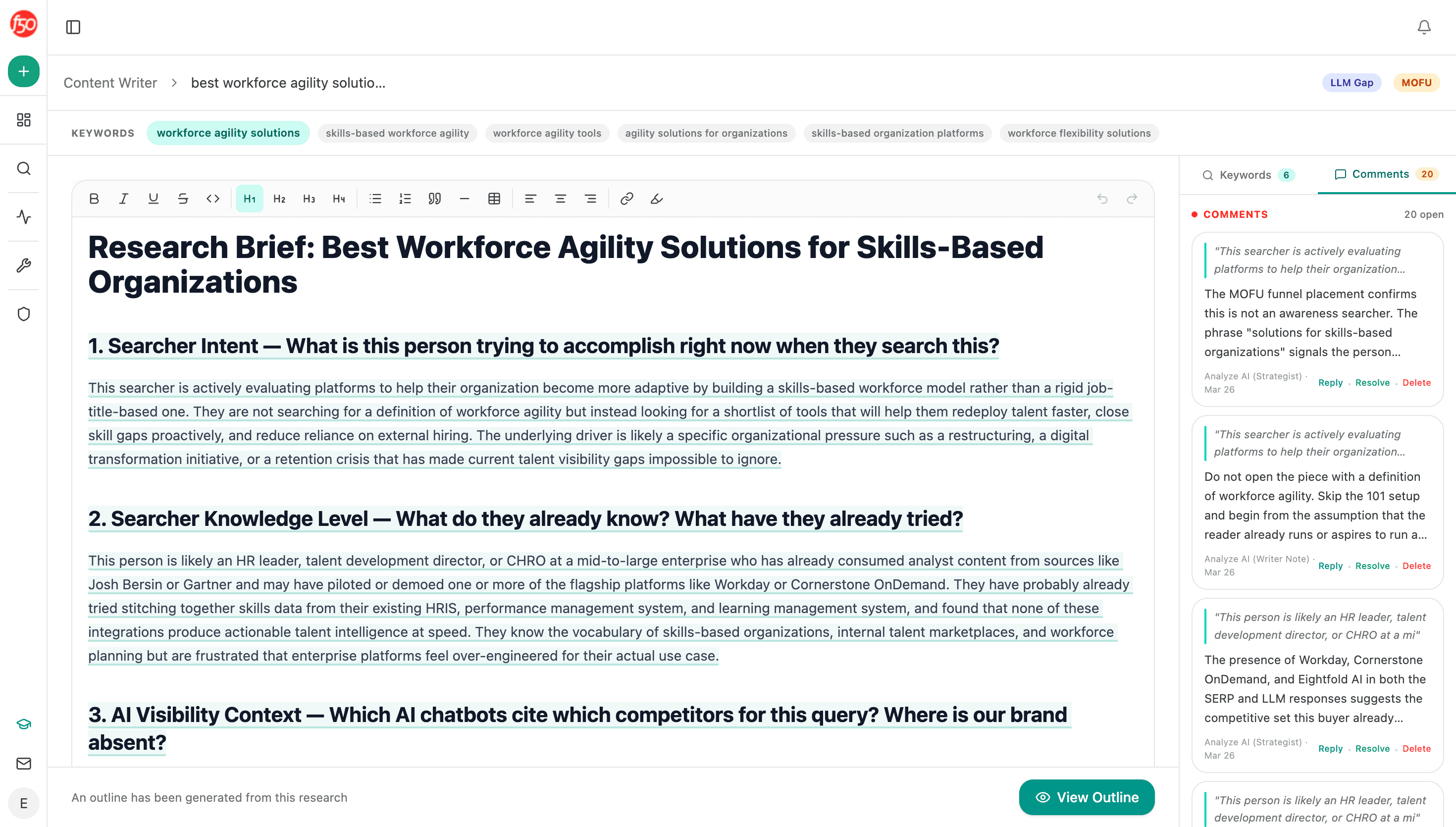 A research brief in the editor — searcher intent, knowledge level, AI visibility context — with a comments panel of strategist notes pinned to specific passages