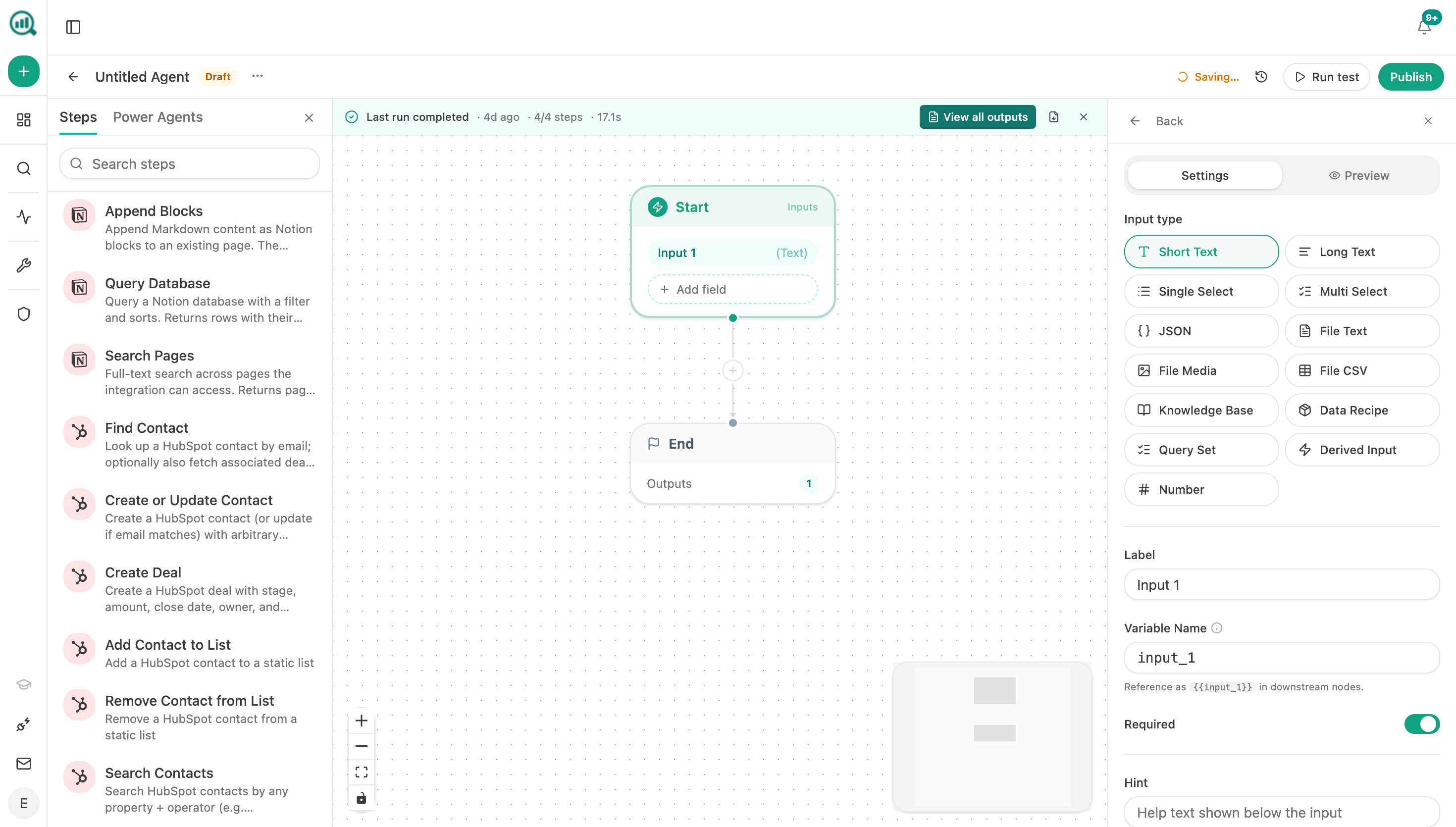 Analyze AI's Agent Builder canvas showing the step library and node configuration