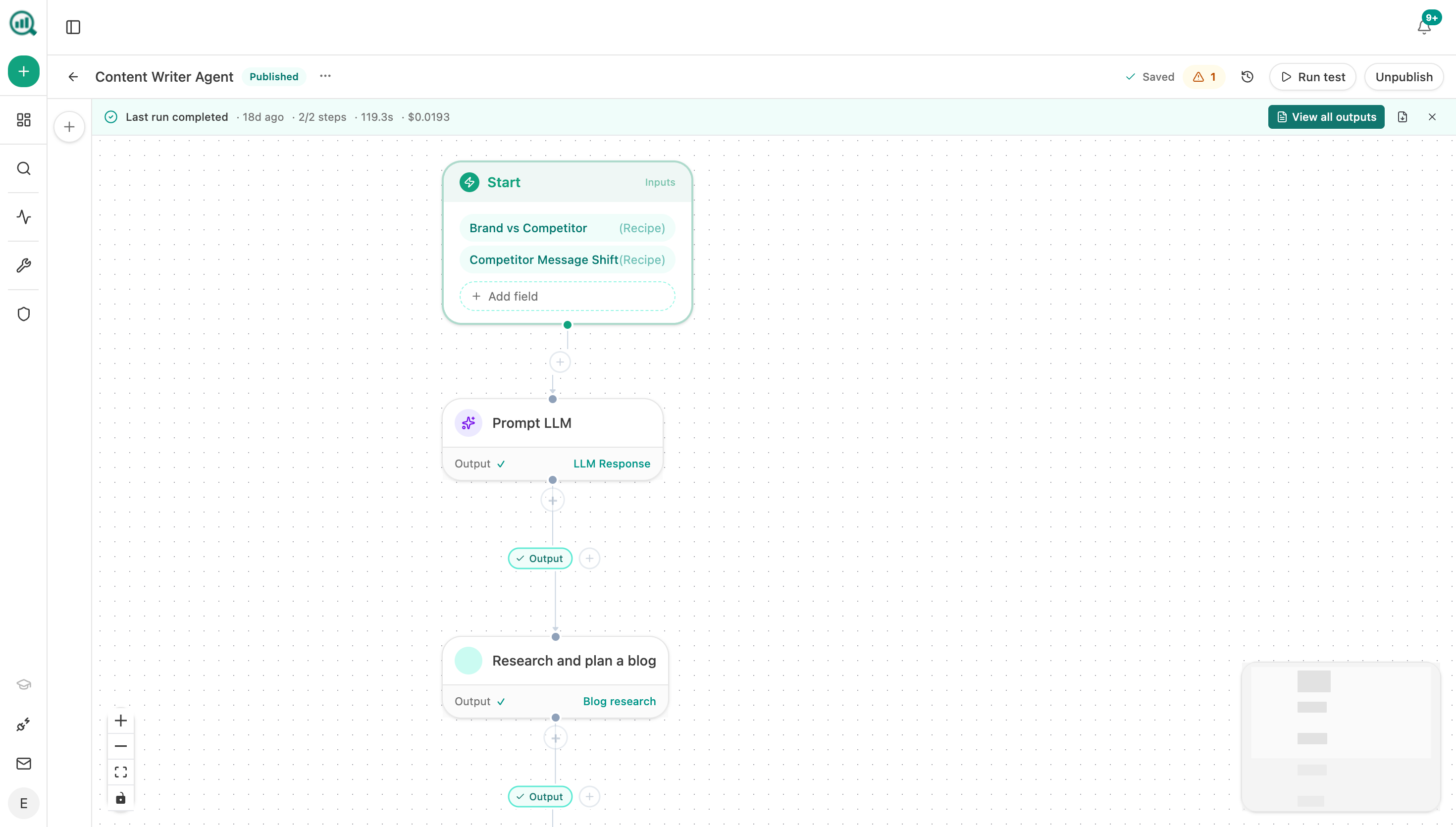 Analyze AI Agent Builder canvas showing a monthly pipeline agent chaining CRM data through a code step and LLM synthesis