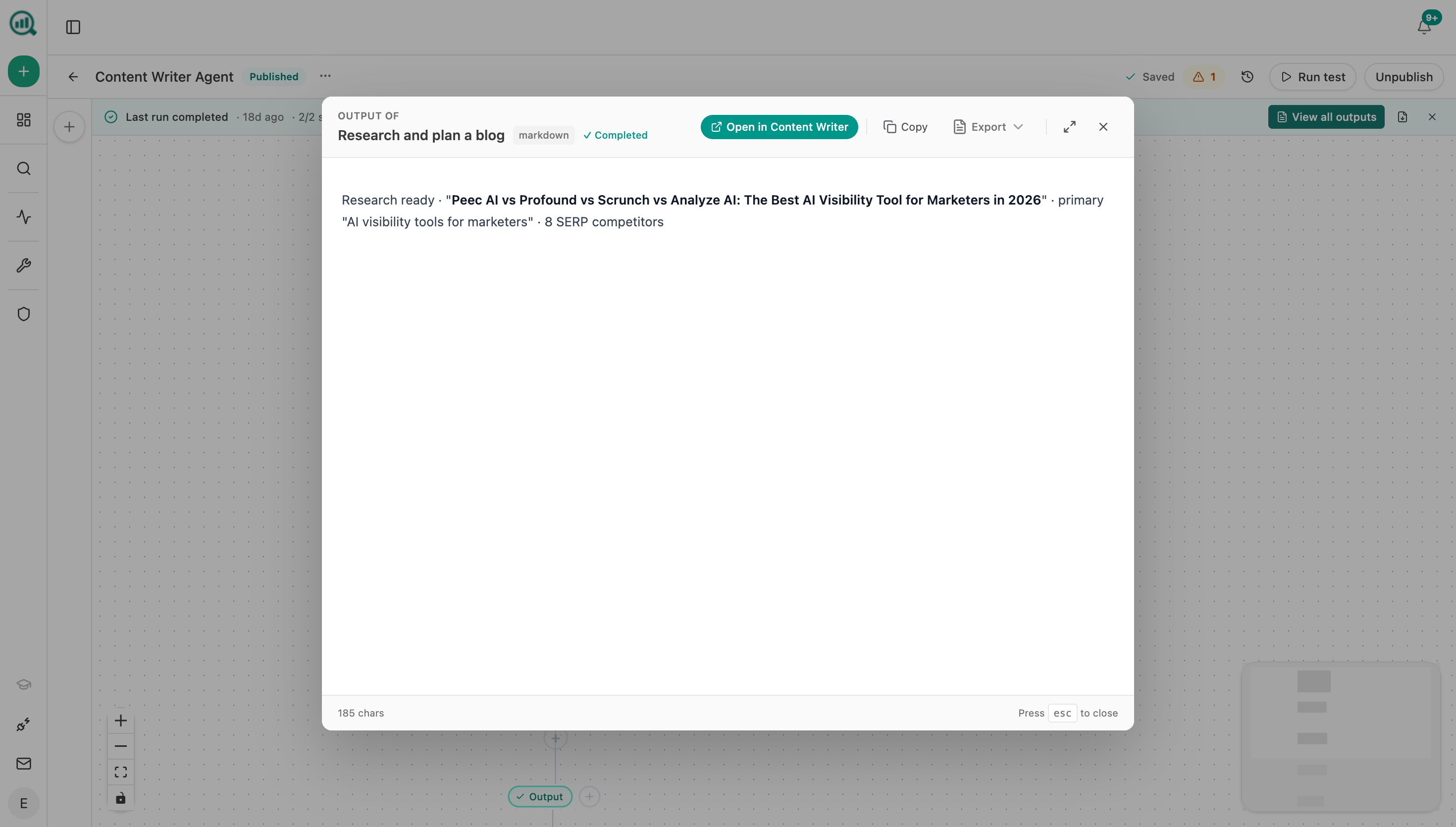 Analyze AI's Content Writer output showing a generated brief and draft from an agent run