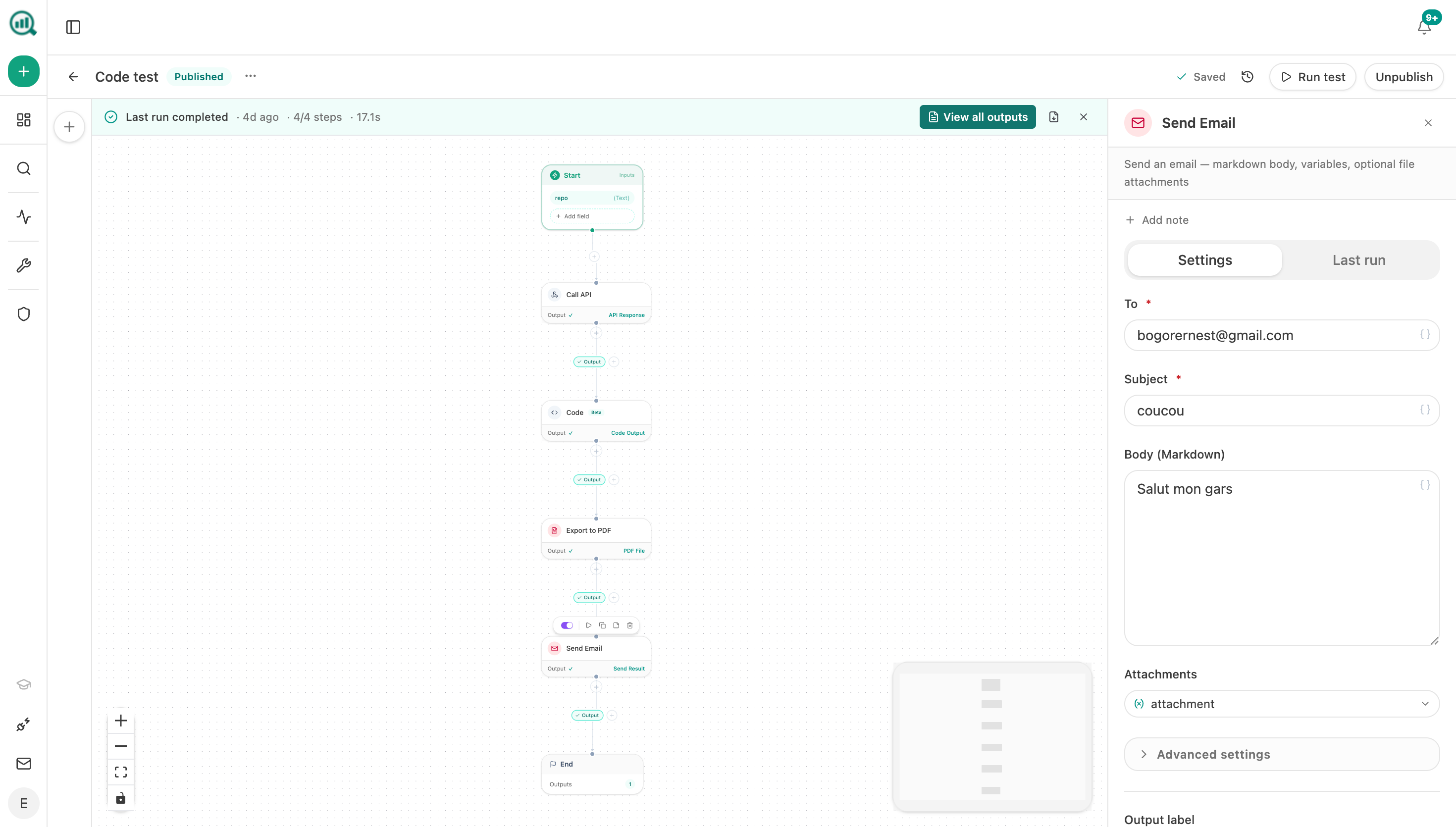 Analyze AI Agent Builder canvas showing an event-triggered chain writing structured entries to an external workspace