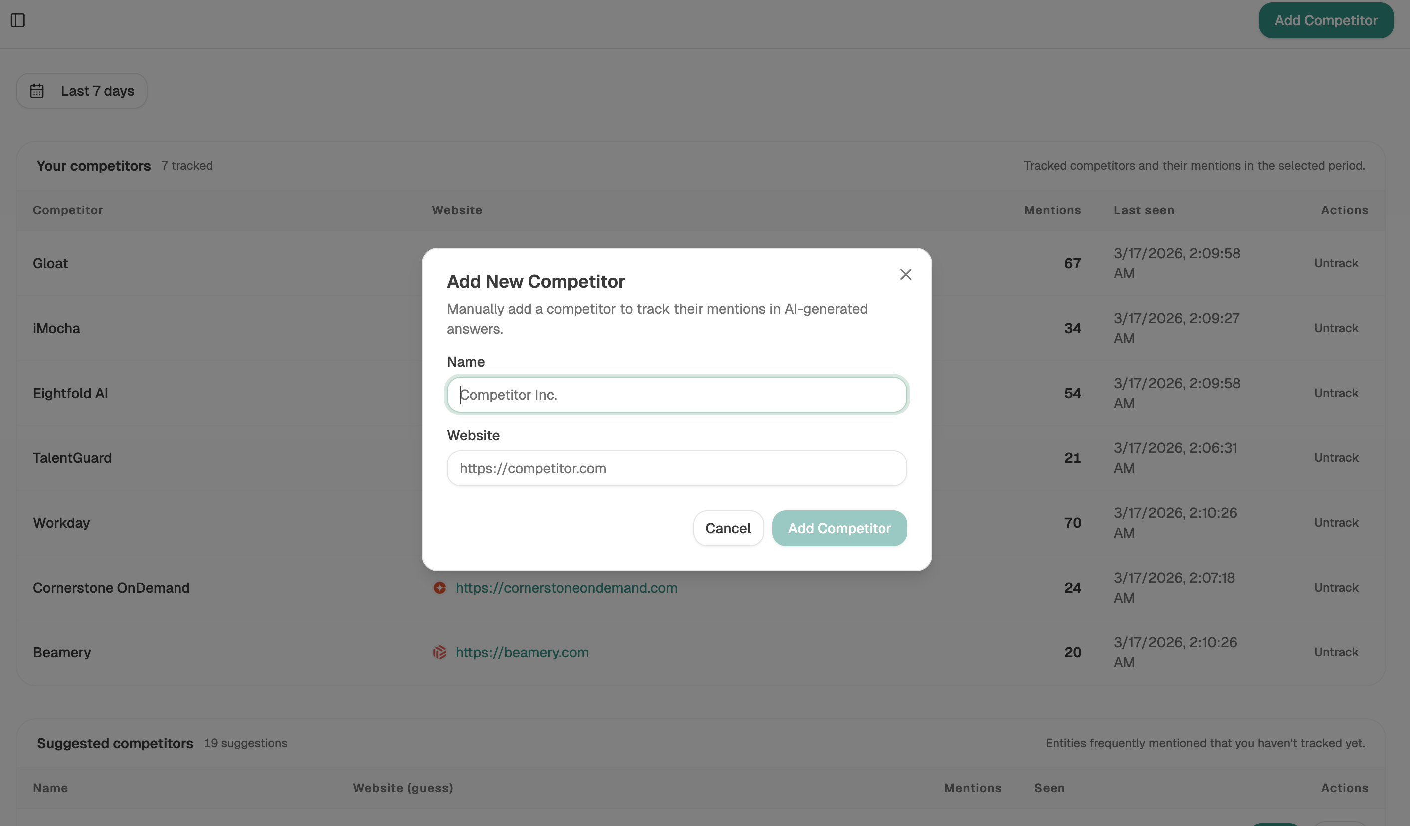 Analyze AI's Competitors view showing visibility split against tracked rivals