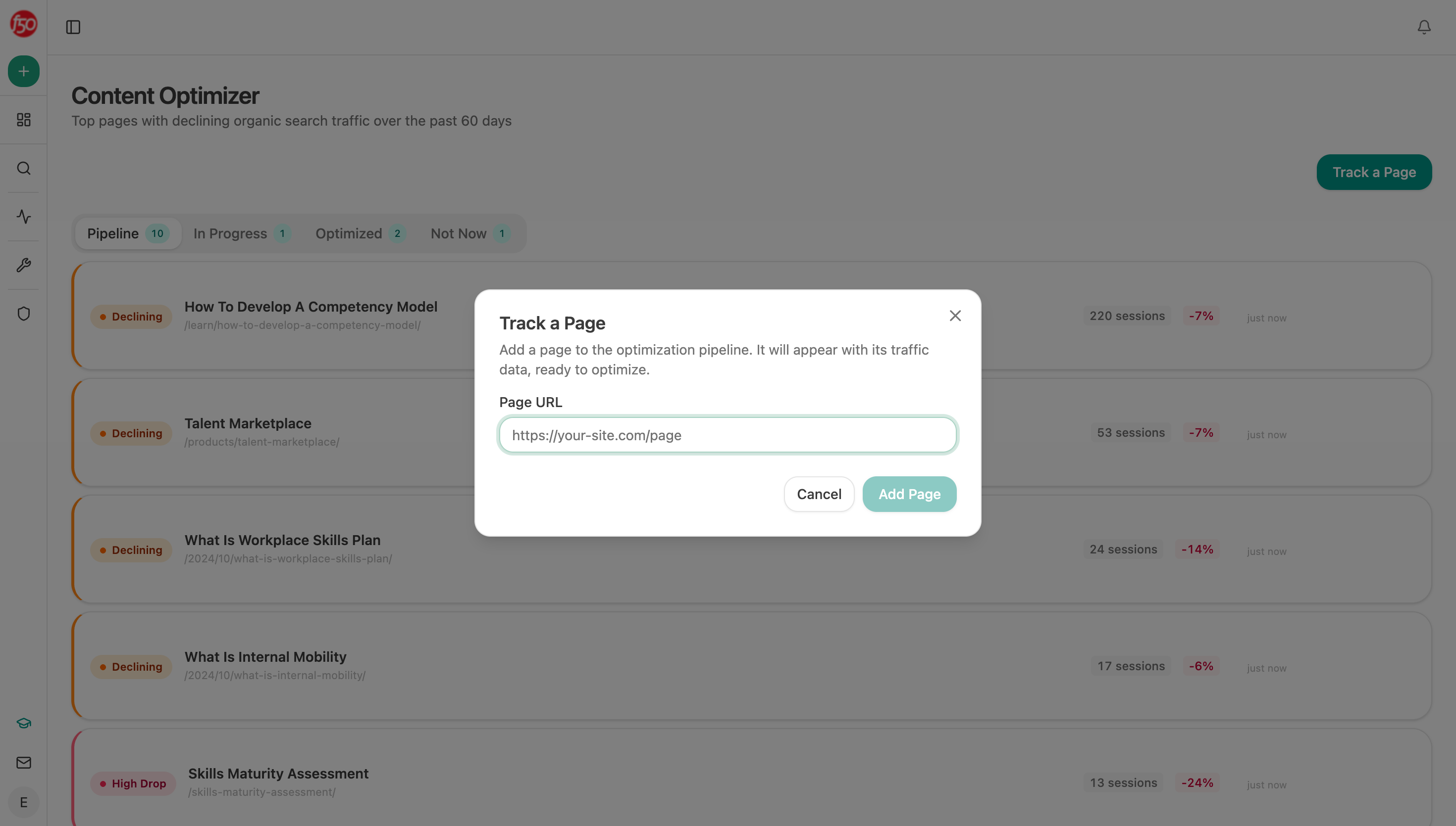Analyze AI's Content Optimizer showing an audited page with gap-based improvement ideas
