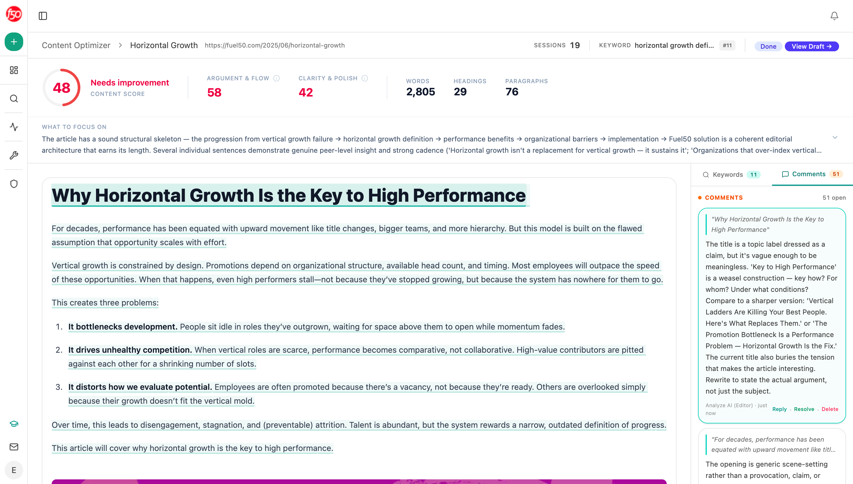 Analyze AI's Content Optimizer showing a page audited against gaps versus cited competitors