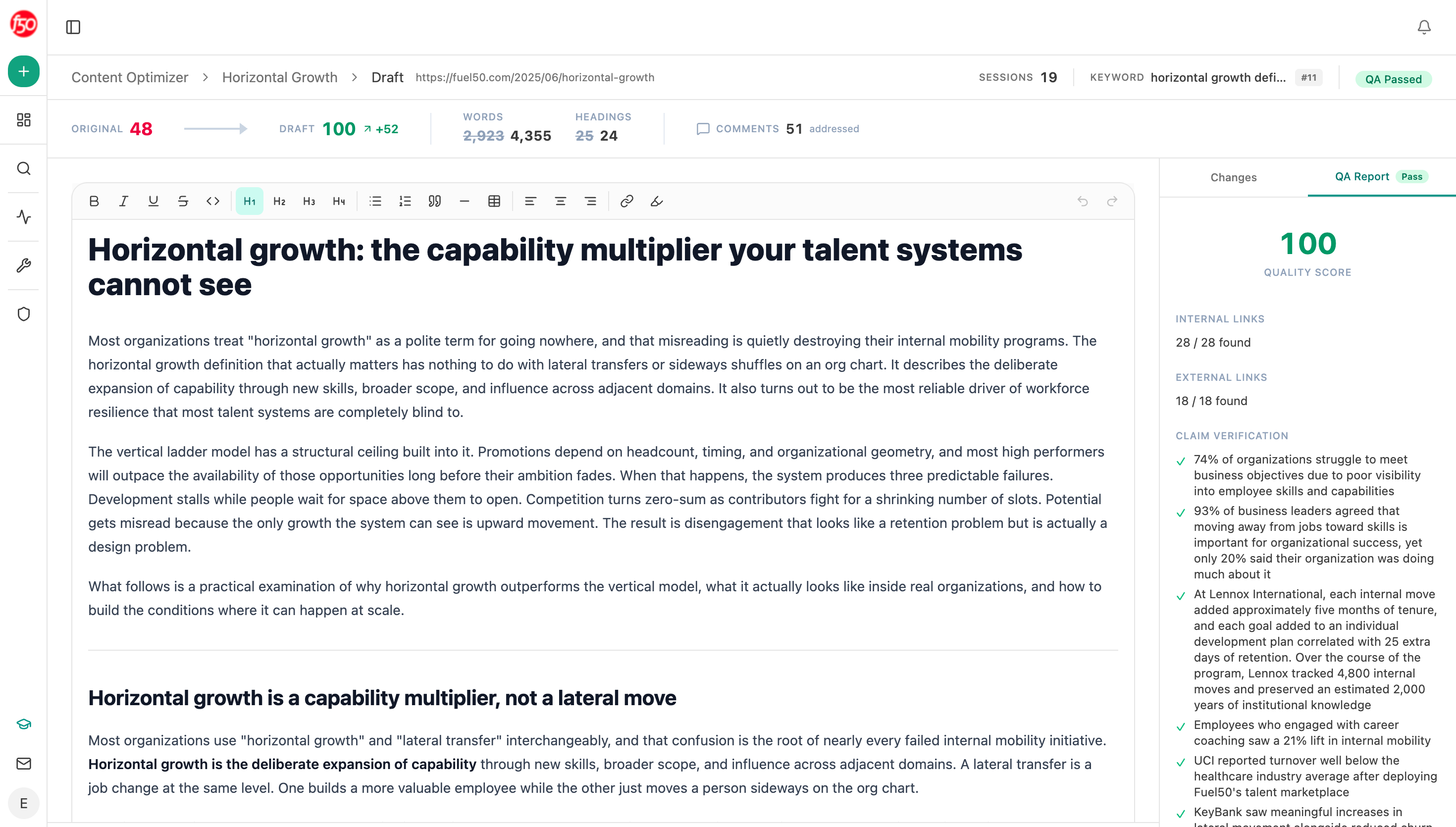 Analyze AI's Content Optimizer showing an optimised version of a page alongside the original