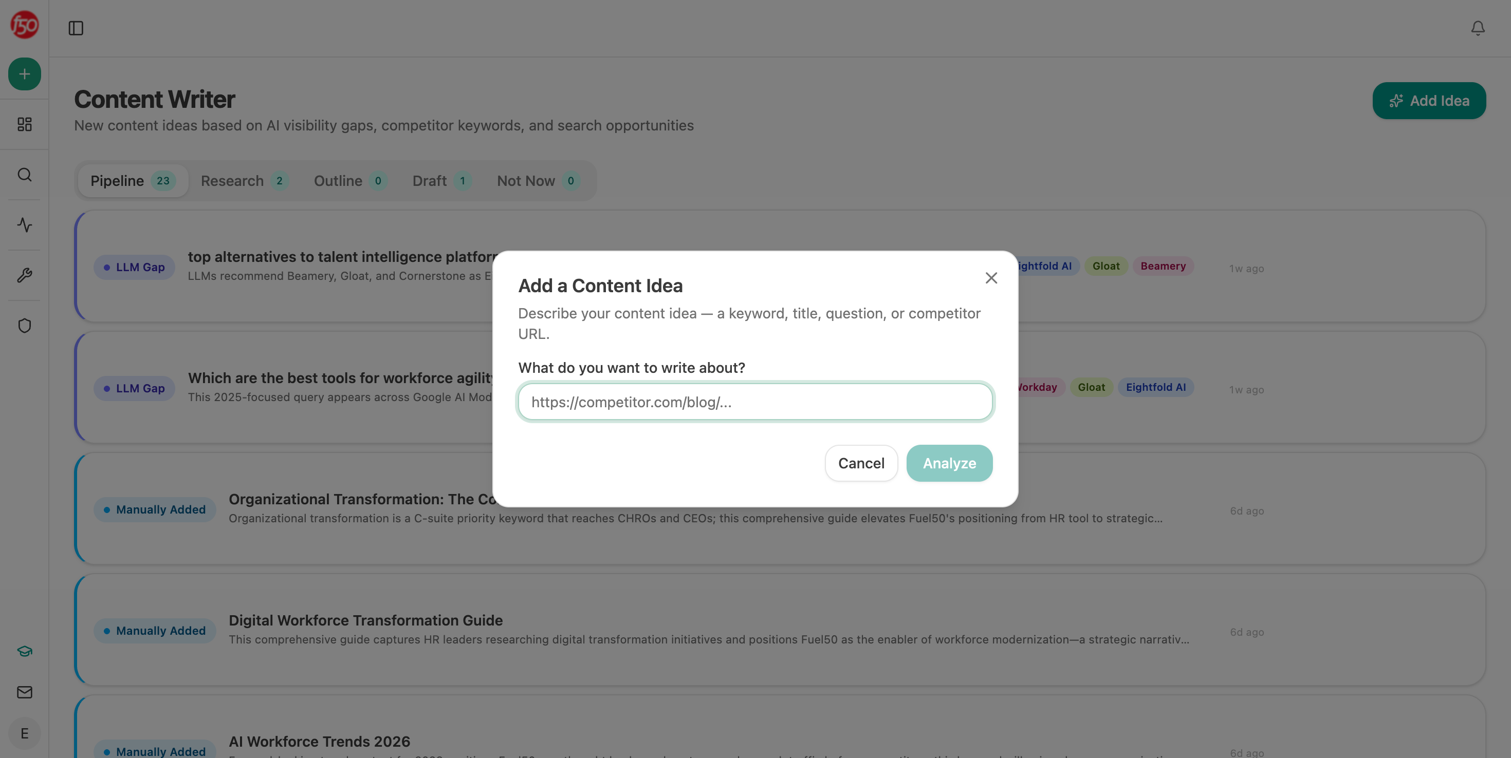 Analyze AI's Content Writer view showing a page audited and prepared for revision