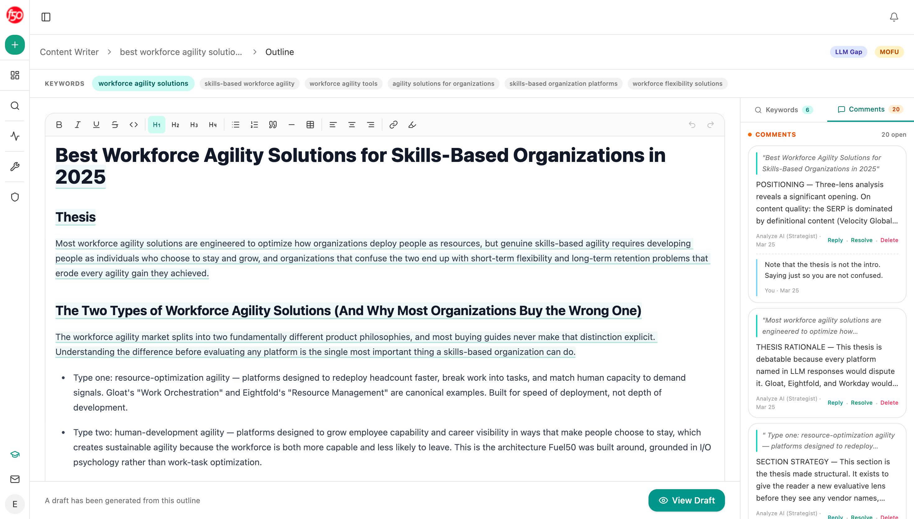 Analyze AI's Content Writer showing an outline assembled from research