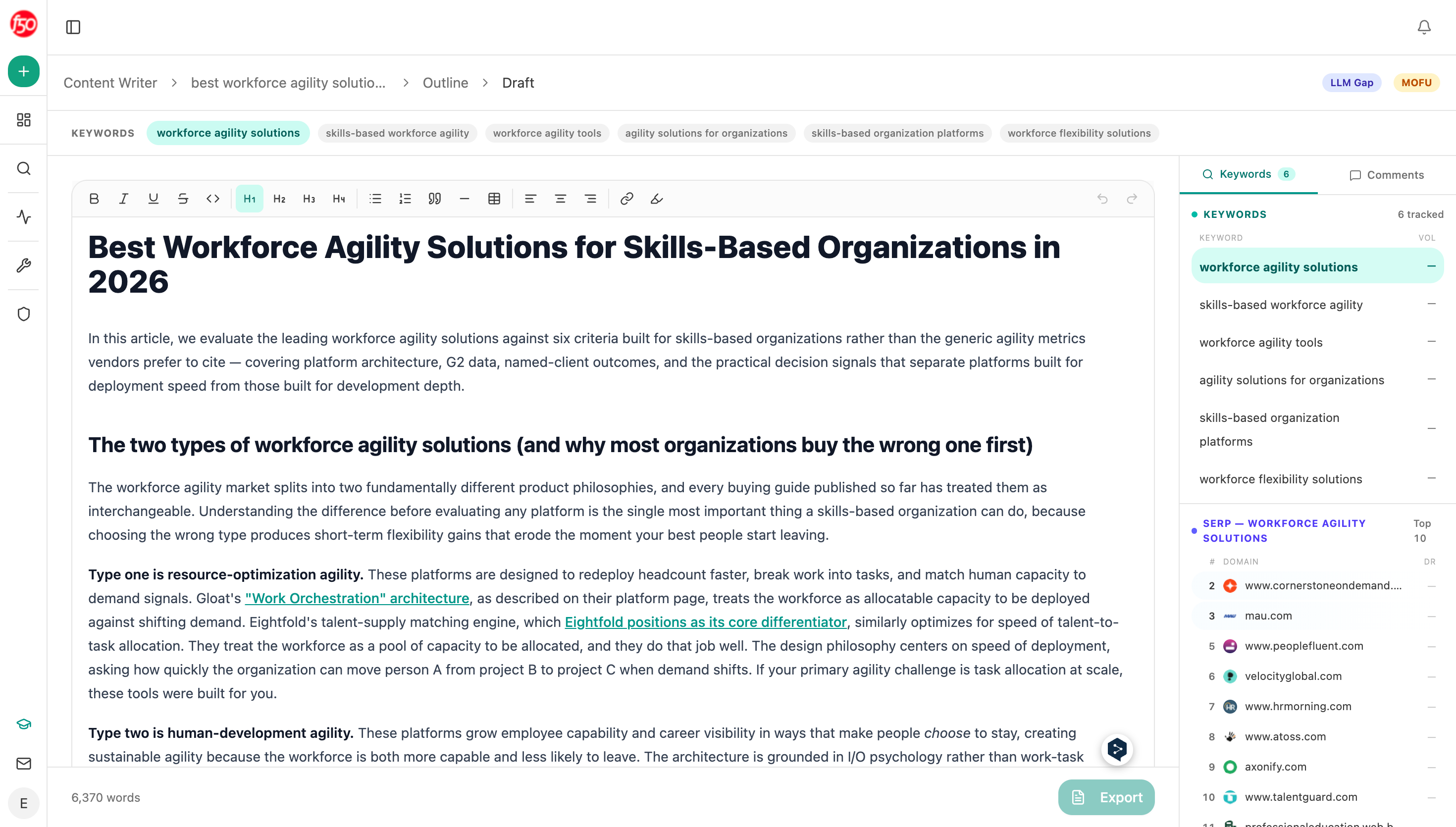 Analyze AI's Content Writer showing a completed draft ready for review