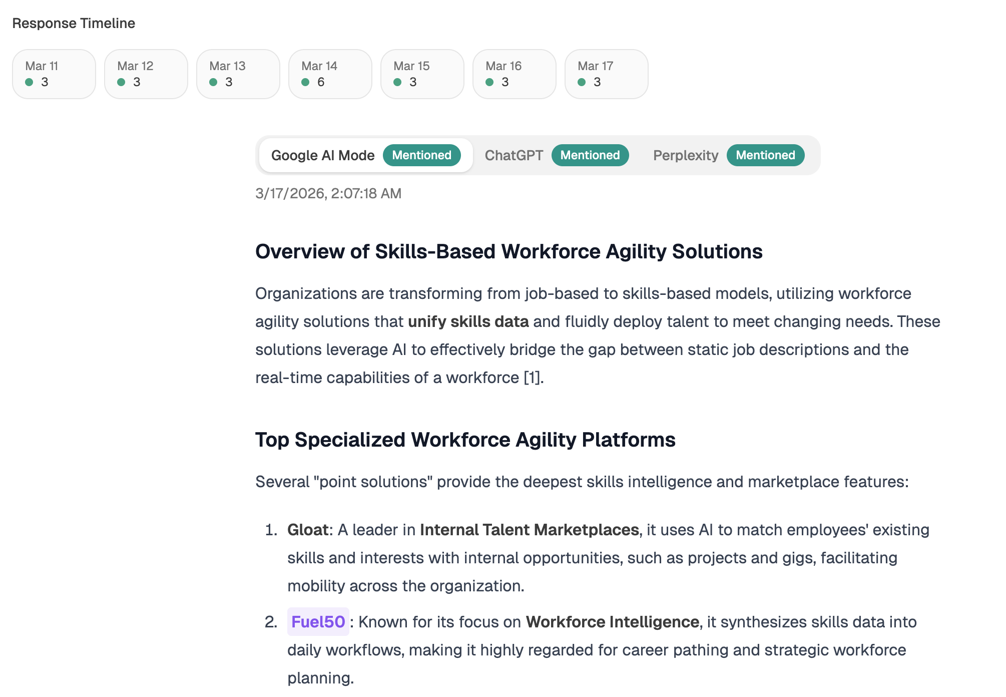 Analyze AI's Prompts view showing branded and non-brand query coverage across surfaces